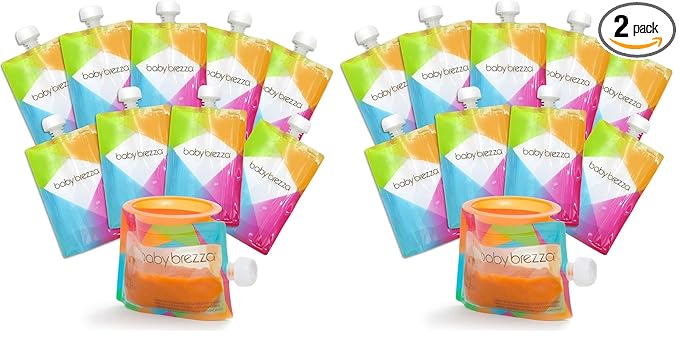 Baby Brezza Reusable Baby Food Storage Pouches,7oz - Make Organic Food Puree for Kids or Toddlers and Store in Refillable Squeeze Pouches,Bulk Set is Freezer Safe & Washable,10 Count (Pack of 2)