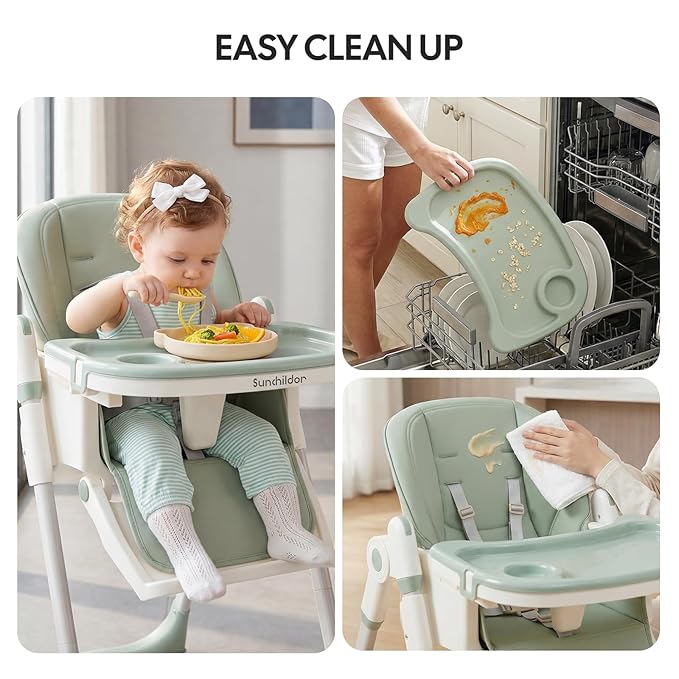 Sunchild 3-in-1 Baby High Chair with Wheels, 5-Point Harness, Tray, Footrest, and Backrest, Foldable and Adjustable for Toddlers 6-36 Months, Green