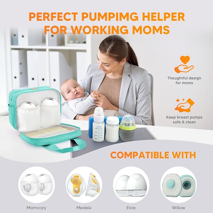 PIIOSER Breastmilk Cooler Travel Bag with Ice Pack, Compatible with Wearable Breast Pumps & Accessories - Portable Hands Free Breast Pump Carrying Case for Nursing & Working Moms, Green