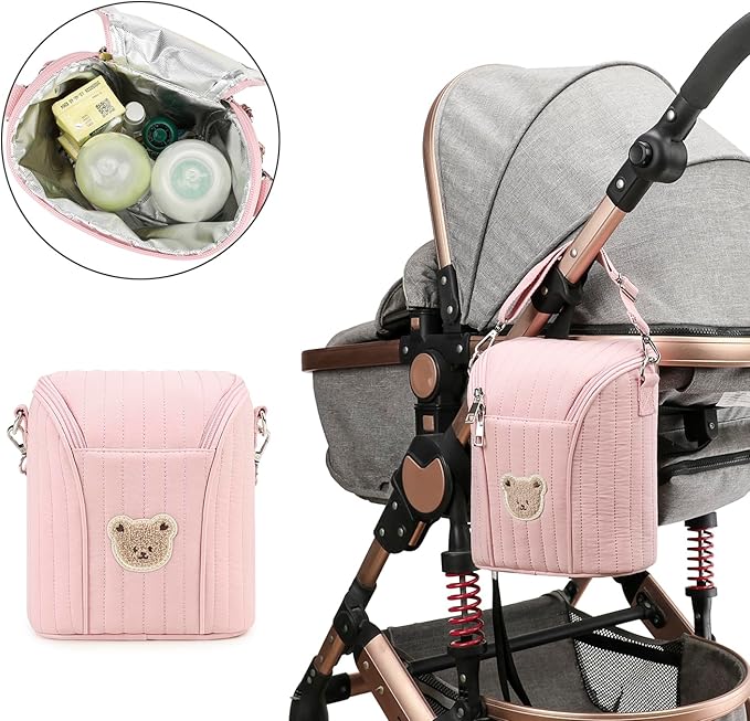 Lmbabter Embroidered Bear Stroller Organizer Tote Bag, Bottle Insulation Pouch, Portable Cooler Storage Essential for Milk/Breast Pump,Baby Travel Supplies (Pink)