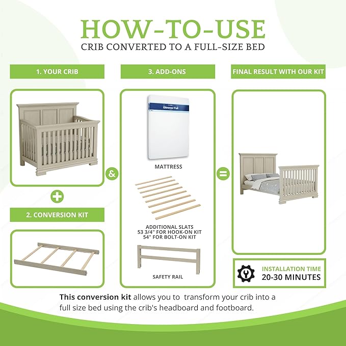 Full-Size Conversion Kit Bed Rails for Oxford, Soho, Ozlo & Avalon Baby Convertible Cribs - Solid Wood - Toddler and Adult Rail for Full-Size Bed - Nursery and Baby Furniture (Ash Grey, Hook-On Kit)