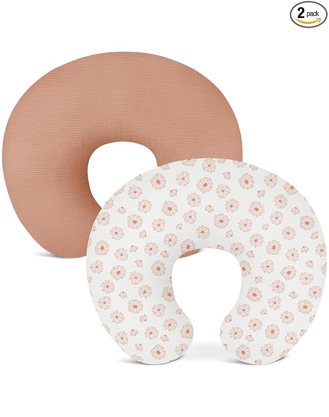 Nursing Pillow Covers 2 Pack, Muslin Nursing Cover for Breastfeeding Pillows, Comfortable for Baby Girls and Boys (Dusty Rose & Flower)