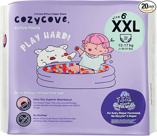 Cozycove Size 6 XXL (26-37 lbs) Pull Up Training Pants | Totally Chlorine Free, Fragrance Free, Wetness Indicator | Play Hard Slim Active Pants | 20 Count (1 Bag of 20)