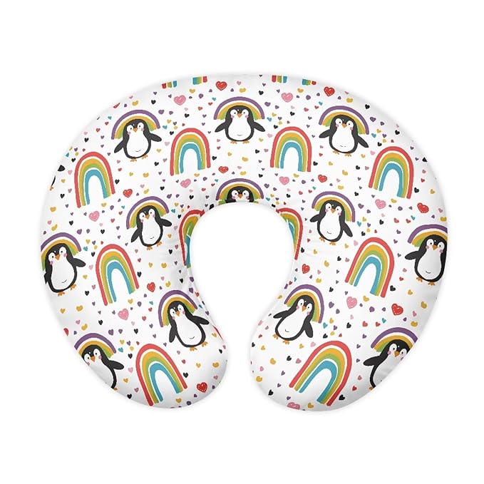 Rainbow and Penguin Nursing Pillow Cover Stretchy Removable Cover for Breastfeeding Pillows, Ultra Soft Comfortable Slipcover for Baby Girl and Boy