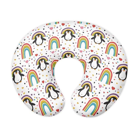 Rainbow and Penguin Nursing Pillow Cover Stretchy Removable Cover for Breastfeeding Pillows, Ultra Soft Comfortable Slipcover for Baby Girl and Boy