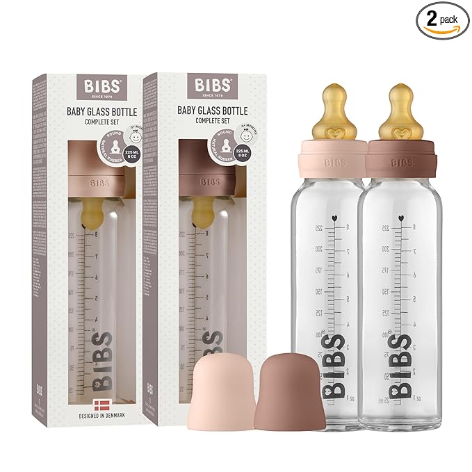 Bibs Baby Glass Bottle | Anti-Colic Borosilicate Glass Bottles | Natural Vented Round Natural Rubber Latex Nipple | Consistent Flow Rate | 7.6 oz/225 ml | 2 Pack | Blush/Woodchuck