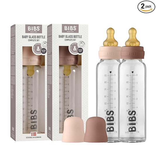Bibs Baby Glass Bottle | Anti-Colic Borosilicate Glass Bottles | Natural Vented Round Natural Rubber Latex Nipple | Consistent Flow Rate | 7.6 oz/225 ml | 2 Pack | Blush/Woodchuck