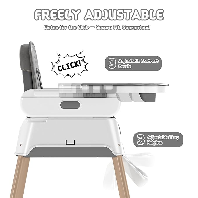 4 in 1 Baby High Chair for Babies and Toddlers, Foldable & Portable Convertible Booster Seat, Adjustable Tray & Footrest, Lightweight, Stable, Easy to Clean, Grey
