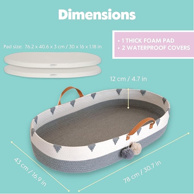 Vesta Baby Woven Cotton Rope Moses Changing Basket - Portable Infant Nursery Dresser Table Topper with Soft Foam Pad & 2 Washable Bamboo Waterproof Covers for Easy Diaper Change - Boho Gray & Beige