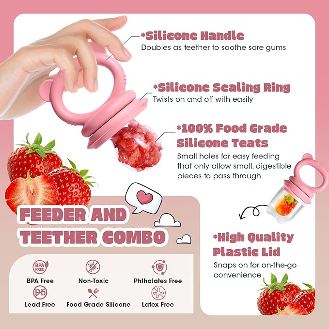 Baby Food Feeder Set, 2 Packs Fruit Feeder & Breastmilk Popsicle Molds Freezer Tray with Lid, Silicone Fruit Feeder to Teething Relief, Introduce New Foods, Baby Feeding Essentials(Red+Beige)