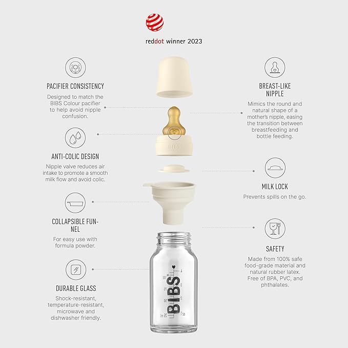 Bibs Baby Glass Bottle | Newborn Anti-Colic Baby Bottles | Borosilicate Glass with a Natural Vented Round Natural Rubber Latex Nipple | Consistent Flow Rate | 3.7 oz/110 ml | 2 Pack | Ivory/Sage