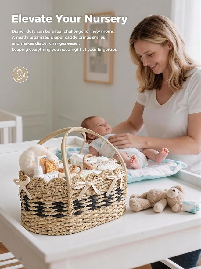 Diaper Caddy Organizer, Hand Woven Scalloped Diaper Caddy Basket Changing Table Organizer, Natural Seagrass Wicker Nursery Bakset Picnic Basket Household Organizer, Natural