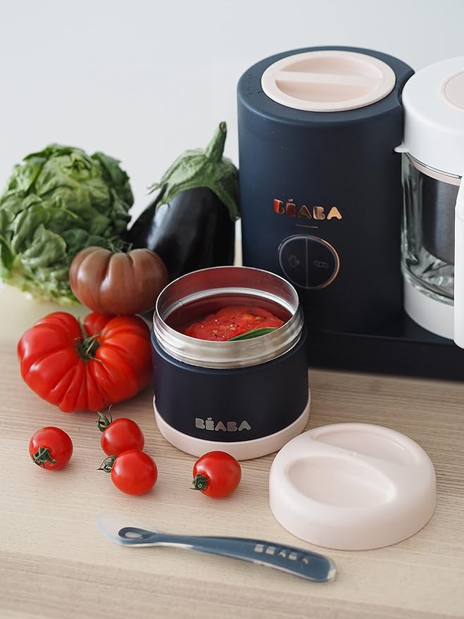 Beaba Stainless Steel Insulated Food Jar 10 oz, Kids insulated, Lunch Containers, Leakproof, Wide Opening, Suitable for Hot and Cold Foods (Midnight)