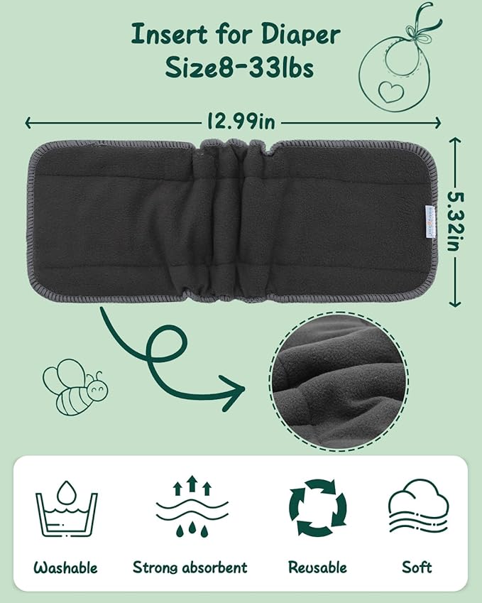 Babygoal Baby Reusable Charcoal Inserts with Double Gussets 12 Pack, 5-Layer Liners for Meduim Cloth Diapers Nappies and Diaper Covers