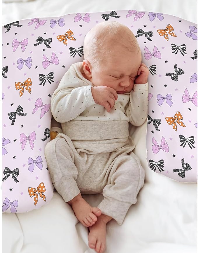 Pastel Halloween Bows Baby Nursing Pillow Covers for Boy Girl Spooky Sweet Bows Stars Nursery Pillowcase for Breastfeeding Pillows Cute Girly Ribbons Soft Stretchy Slipcovers for Newborn Infant
