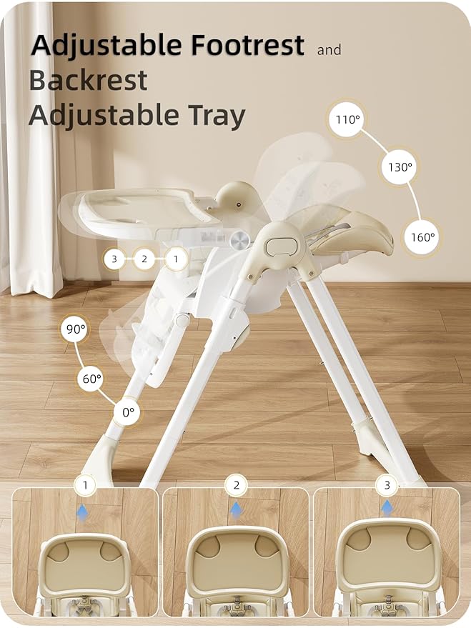 Babilous High Chair, Foldable High Chairs for Babies and Toddlers with Removable Tray, Height Adjustable Feeding Chair, Adjustable Backrest and Footrest, Beige