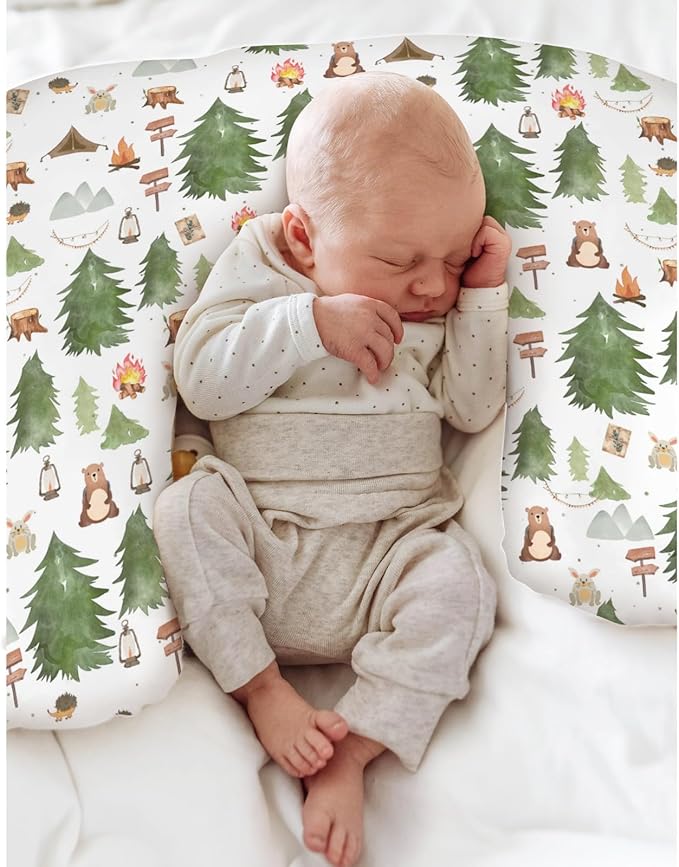 Camping Animals Baby Nursing Pillow Covers for Boy Girl Bear Bunny Hedgehog Green Trees Nursery Pillowcase for Breastfeeding Pillows Wildlife Adventure Soft Stretchy Slipcovers for Newborn Infant