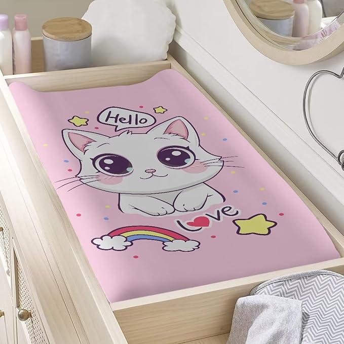 Changing Pad Covers for Boys Girls, Rainbow Cat Diaper Changing Table Pad Cover Soft Breathable Changing Mat Cover for 32''x16" Cute Birthday Gifts for Baby