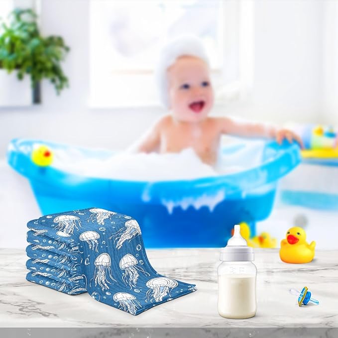 vvfelixl Jellyfish Bubbles Baby Burp Cloths Baby Muslin Washcloths for Boys Girls Cotton Babys Face Towel for Newborn Infants Soft and Absorbent 11.8 X 11.8 in, 5 Pack