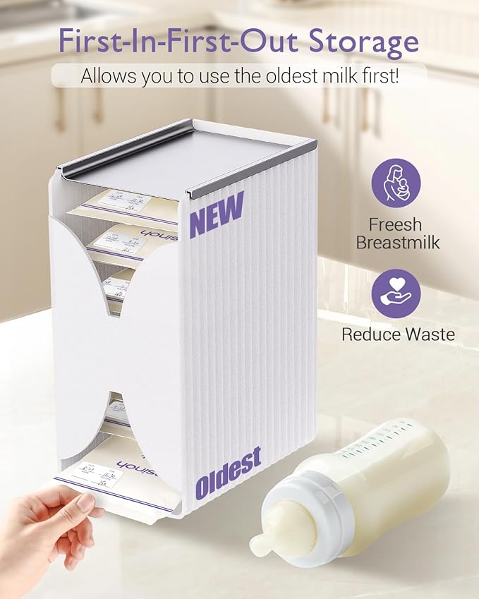 Freeze Organizer and Tower for Breastmilk Storage Bags, First-in First-Out Container Storing System with Quick-Freeze Tray to Freezing Breastmilk, Reusable and Breastfeeding Essentials