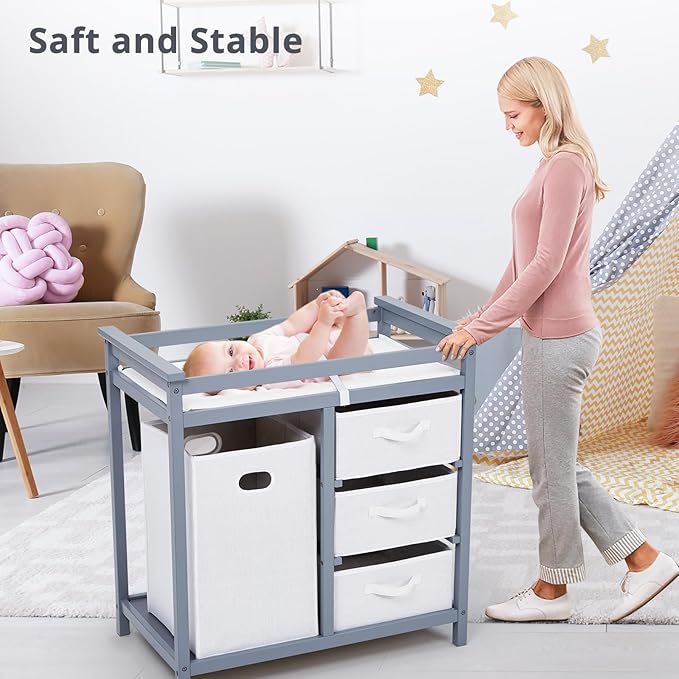 Garvee Wooden Baby Changing Table,Modern Diaper Changing Table,Infant Diaper Station Dresser with Laundry Hamper, 3 Drawer Basket- Storage Organizer for Baby Clothes, Diapers & Toys