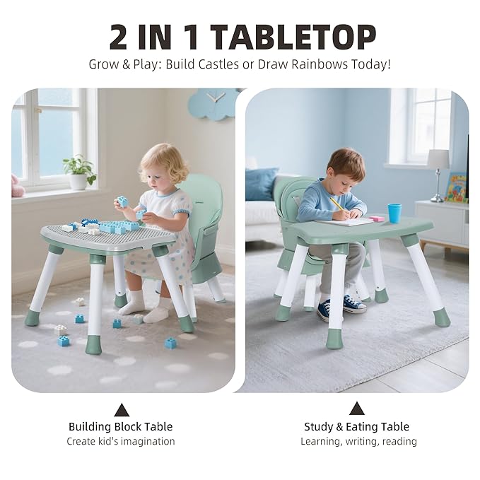 Baby High Chair, 8 in 1 Convertible Highchair, Booster Seat, Building Block/Activity Table, Stool, Feeding Chair with Dishwasher-Safe Tray, High Chairs for Babies and Toddlers (Green)