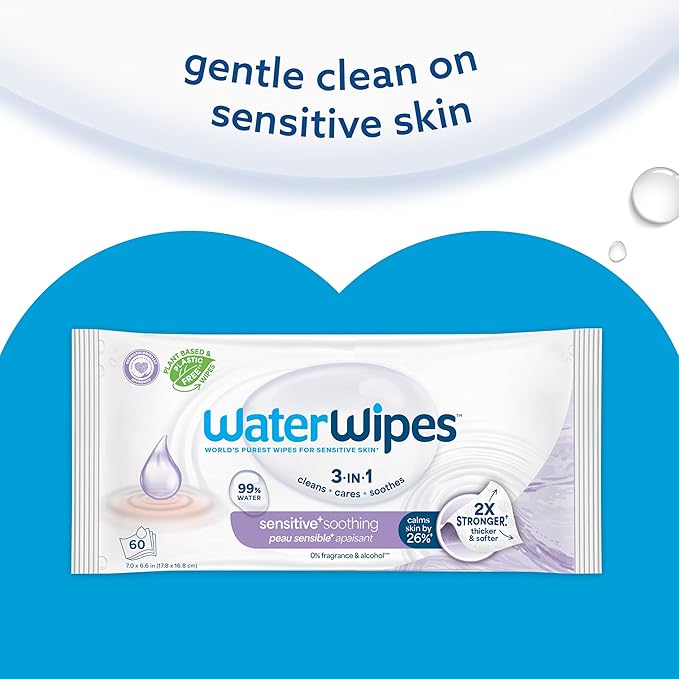 WaterWipes Sensitive+ Soothing Wipes, 3-In-1 Cleans, Cares, Soothes, 99% Water with Botanical Extract, Unscented & Hypoallergenic Baby Wipes, 60 Count (1 Pack)