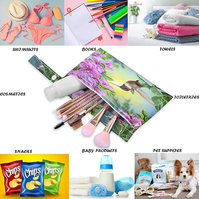 visesunny Spring Bird Hummingbird Hibiscus Flowers Summer Welcome 2Pcs Wet Bag with Zippered Pockets Washable Reusable Roomy Diaper Bag for Travel,Beach,Daycare,Stroller,Diapers,Dirty Gym Clothes