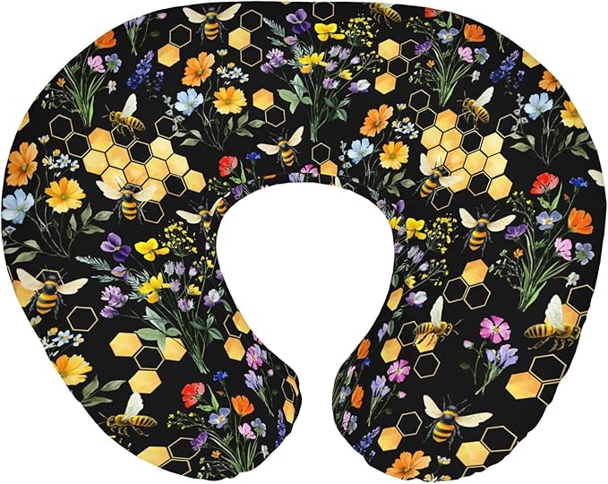 Boho Wildflower Bees Honeycomb Baby Nursing Pillow Covers for Boy Girl Watercolor Honeybee Floral Nursing Slipcovers for Breastfeeding Pillows Summer Soft Stretchy Removable Cover for Newborn Infant