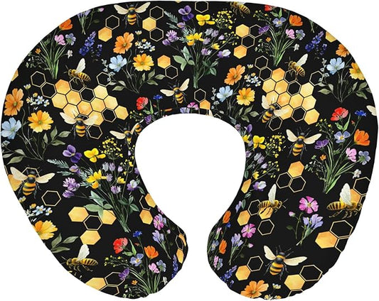 Boho Wildflower Bees Honeycomb Baby Nursing Pillow Covers for Boy Girl Watercolor Honeybee Floral Nursing Slipcovers for Breastfeeding Pillows Summer Soft Stretchy Removable Cover for Newborn Infant