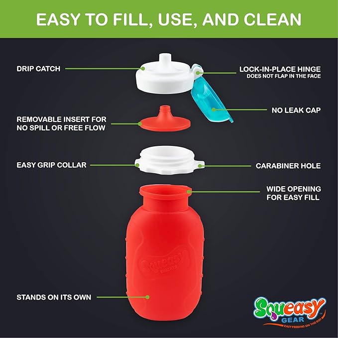 Red 6 oz Squeasy Snacker Spill Proof Silicone Reusable Food Pouch - for Both Soft Foods and Liquids - Water, Apple Sauce, Yogurt, Smoothies, Baby Food - Dishwasher Safe