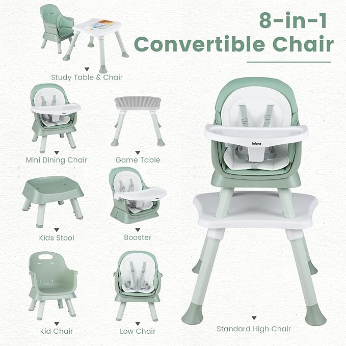 INFANS 8 in 1 Baby High Chair, Convertible Highchair for Babies and Toddlers, Infant Dining Booster Seat, Building Block Table, Kids Stool Table Chair Set with Removable Tray (Green)
