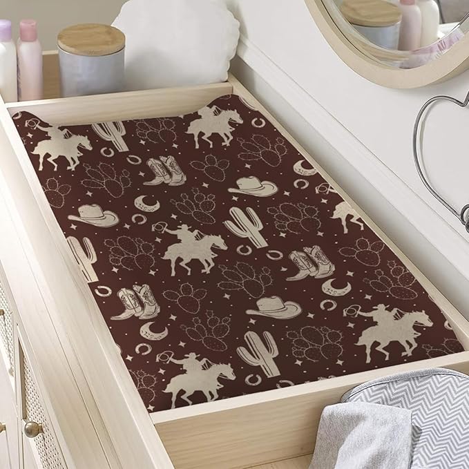 Vintage Western Cowboy Baby Changing Pad Covers Cowboy Horse Boots Hat Cactus Moon Baby Diaper Changing Table Sheets for Boys Wild Plants Soft Breathable Stretchy Nursery Change Table Mats 32''x16''