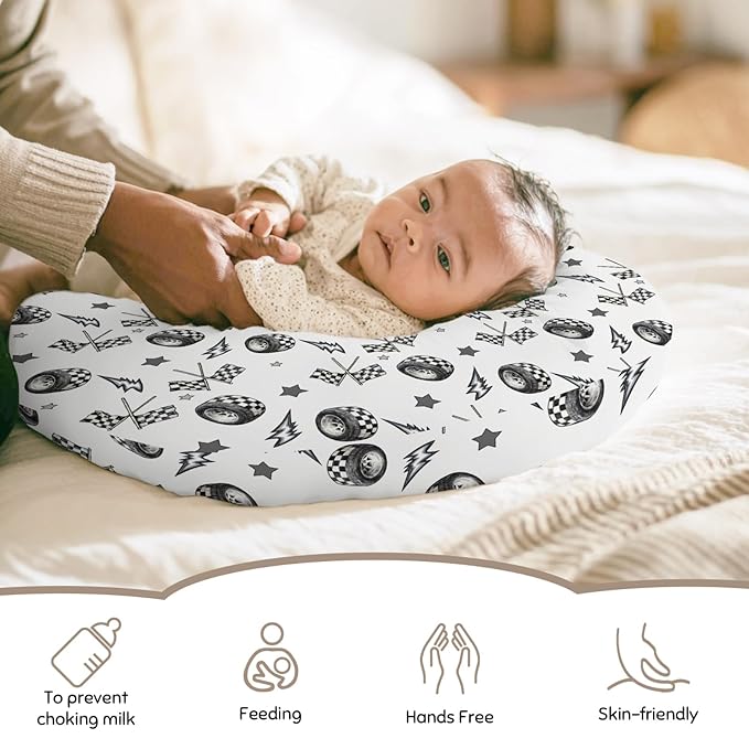 Cute Race Car Flag Black and White Plaid Nursing Pillow Cover Stretchy Removable for Baby Girls Boys Tire Stars Checkered Vehicles Pillow Slipcover for Breastfeeding Moms for Newborn Infant