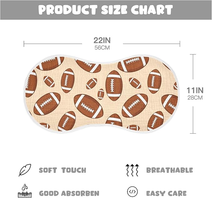1 Pack Muslin Burp Cloths Sports Football Khaki Print Cotton Baby Burp Cloths Absorbent Soft Burping Cloth Washcloths for Newborn Babies 22x11 Inch
