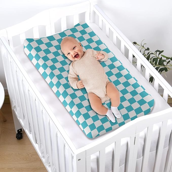 Teal Checkered Changing Pad Cover for Baby Girls Boys Cartoon Breathable Diaper Change Table Sheet Soft Stretchy Cute Change Table Mat Cover Fit 32x16