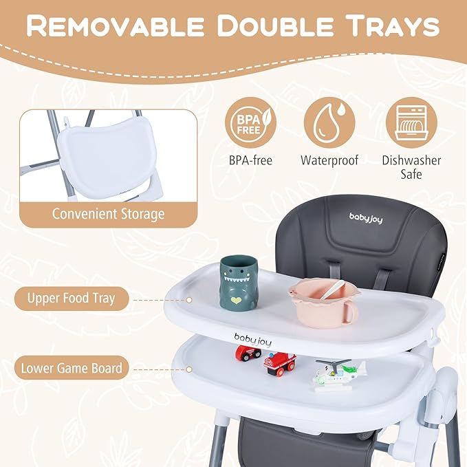 BABY JOY Foldable High Chair, Portable Highchairs for Babies and Toddlers with 7 Heights, 5 Recline Positions, Adjustable Foot Rest, Double Removable Tray & Built-in Wheels (Dark Gray)