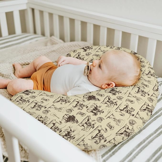 Vintage Cowboy Baby Nursing Pillow Covers for Boy Girl Western Horses Boots Hats Nursing Pillow Slipcovers for Breastfeeding Pillows Country Western Soft Stretchy Removable Covers for Newborn Infant