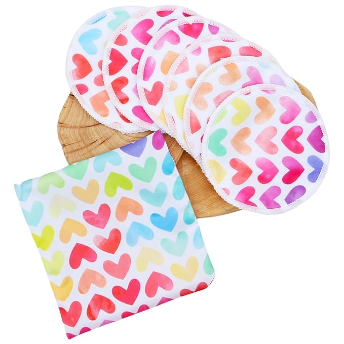 Reusable Nursing Pads with Heart Pattern, White and Black, Washable Breastfeeding Pads with 1 Pouch (6+1littleheart)