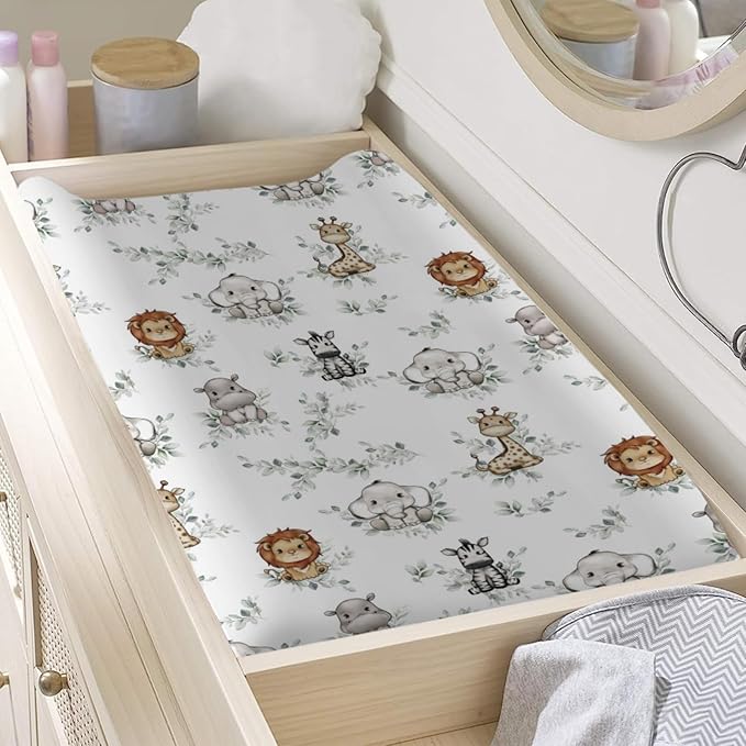 Baby Jungle Safari Animals Boho Leaves Changing Pad Covers Elephant Giraffe Zebra Lion Hippo Diaper Change Table Sheets for Girls Boys Soft Stretchy Snug Fitted Changing Mats Cover 32''x16''