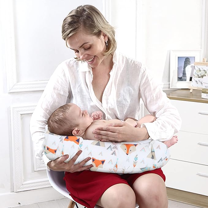 LAT Nursing Pillow for Breastfeeding,100% Cotton Removable Cover,Ergonomic Breast Feeding Pillows for Mom and Baby,Machine Washable(Orange Fox)