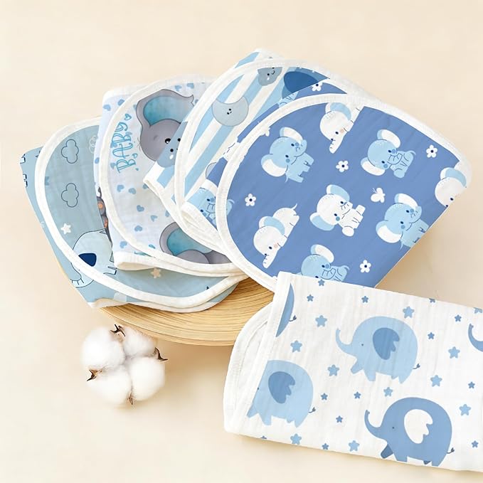 5pcs Elephant Burp Cloths for Baby Boys Girls 100% Cotton Blue Elephant Themed Design Burp Rags, Soft Breathable Muslin Burping Cloths Absorbent Spit-Up Cloths for Infant Newborns