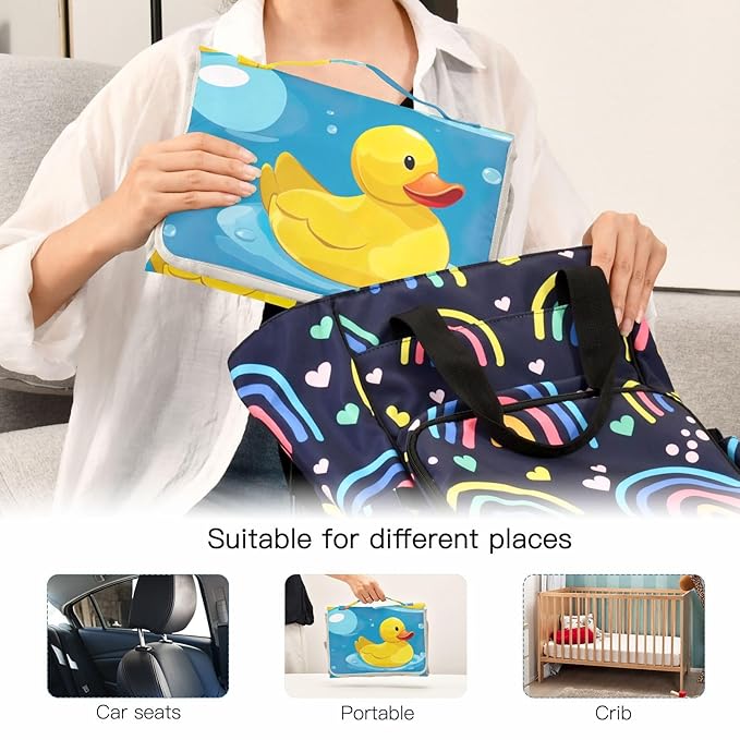 Yellow Rubber Ducks Blue Portable Changing Pad for Unisex Baby Toddler Waterproof Foldable Baby Changing Mat with Pillow & Shoulder Strap Travel Changing Kit for Gift Traveling Hiking