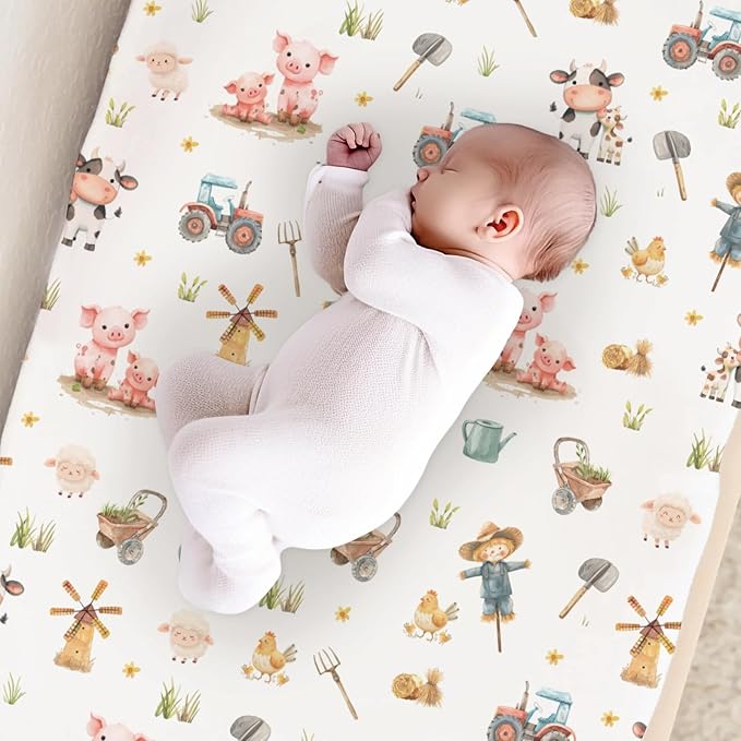 Cartoon Farm Animals Cow Chicken Pigs Sheep Farm Life Tractor Baby Changing Pad Cover,Unisex Farm Nursery Diaper Changing Table Pad Mat Sheet for Boys Girls-16x32