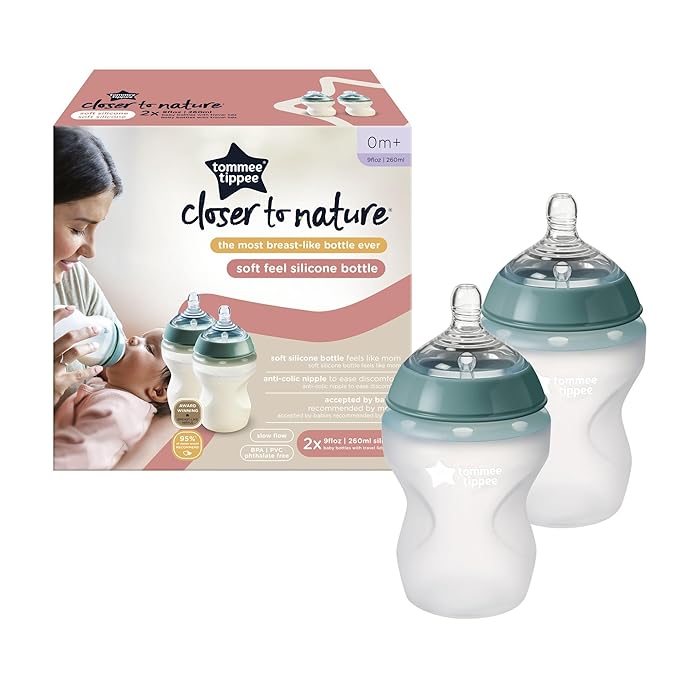 Tommee Tippee Closer to Nature Baby Bottle Nipples, Fast Flow & Closer to Nature Soft Feel Silicone Baby Bottles, Breast-Like Nipples, Anti Colic, Stain and Odor Resistant, 9oz, 2 Count