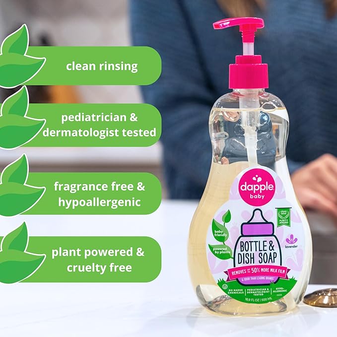 Dapple Baby Lavender Baby Bottle & Dish Soap - (3 Pack) 16.9 fl oz - Plant-Powered Dish Soap for Bottles, Pump Parts, and Sippy Cups - Includes 1 Pump