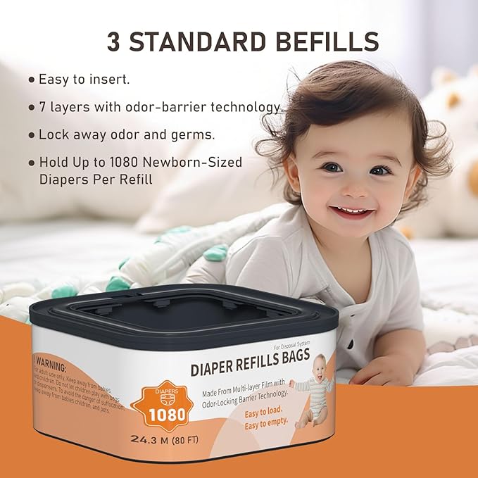 Jumbo+ Square Refills Disposal Bags Refill Compatible with Diaper Genie Compact, Classic and Select Pails, Hold Up to 1080 Newborn-Sized Diapers Per Refill, 3 Pack