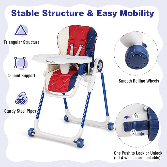 BABY JOY High Chair for Babies & Toddlers, Foldable Highchair with Adjustable Backrest/Footrest/Seat Height, Double Removable Trays, Detachable Seat Cushion, 4 Lockable Wheels (Colorful)