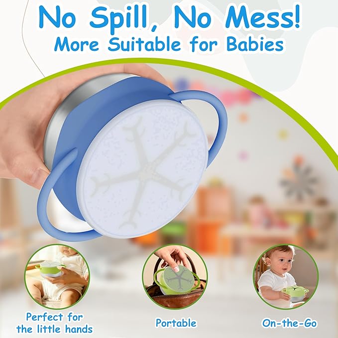 2 Pack Baby Stainless Steel Snack Containers for Toddlers with Spill-Proof Silicone Lids & Dual Handles - Kids Snack Box, Toddler Snack Cups, Perfect for Healthy Eating (Blue+Green)