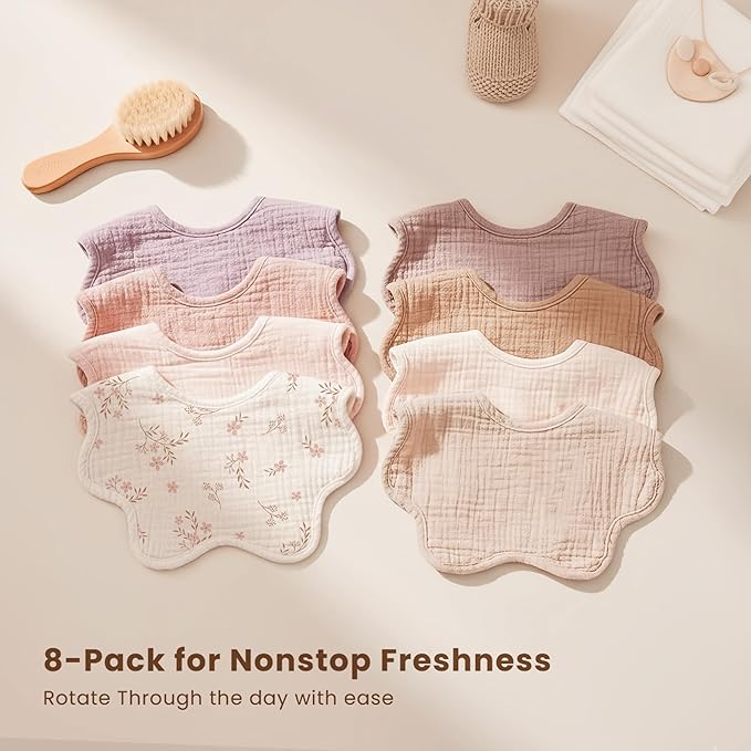 Konssy Muslin Baby Bibs 8 Pack, 100% Cotton Absorbent Bandana Drool Bibs for Teething and Drooling for Unisex Boys and Girls